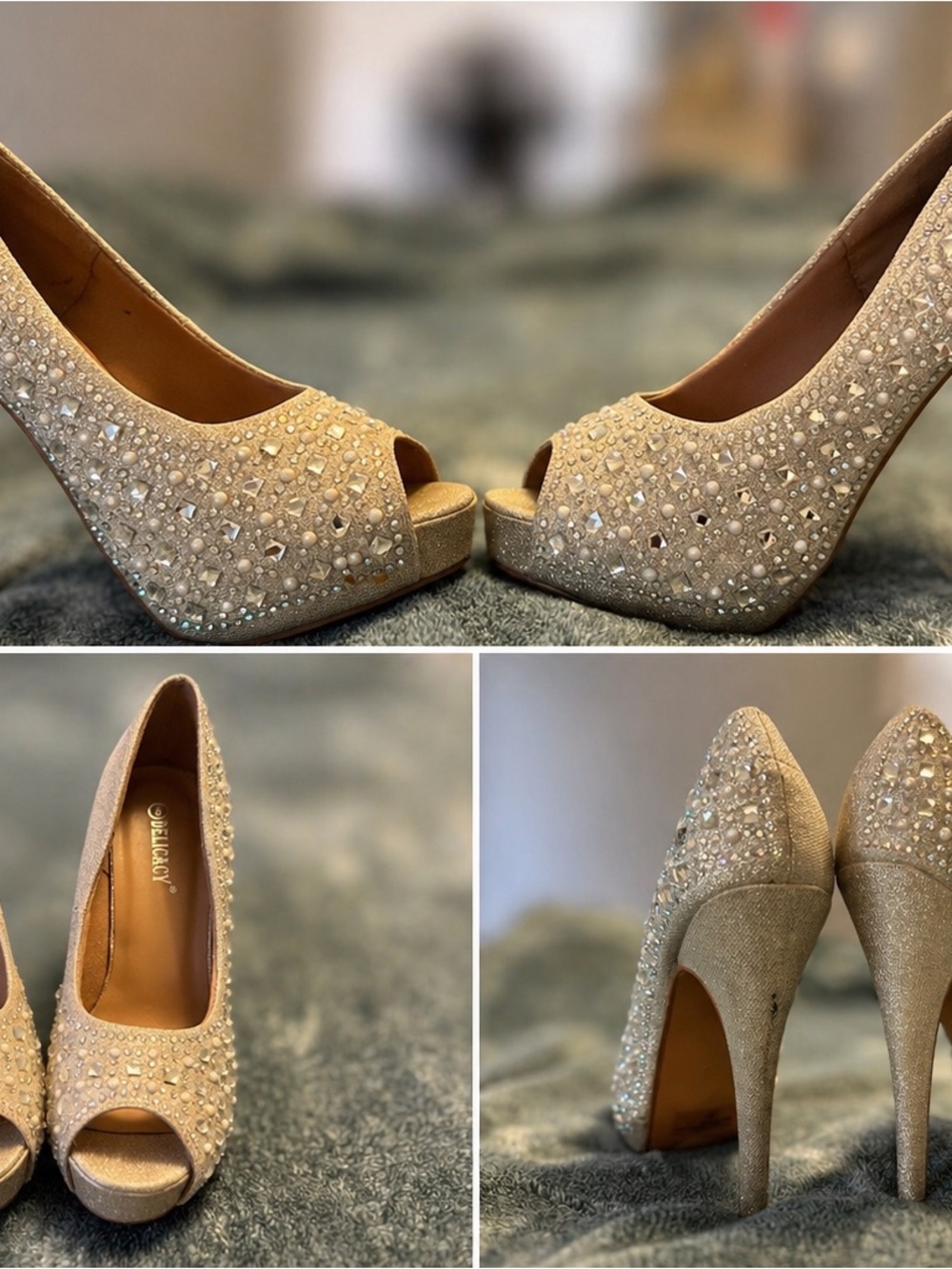 Champagne Crystal Embellished Peep-Toe High Heels